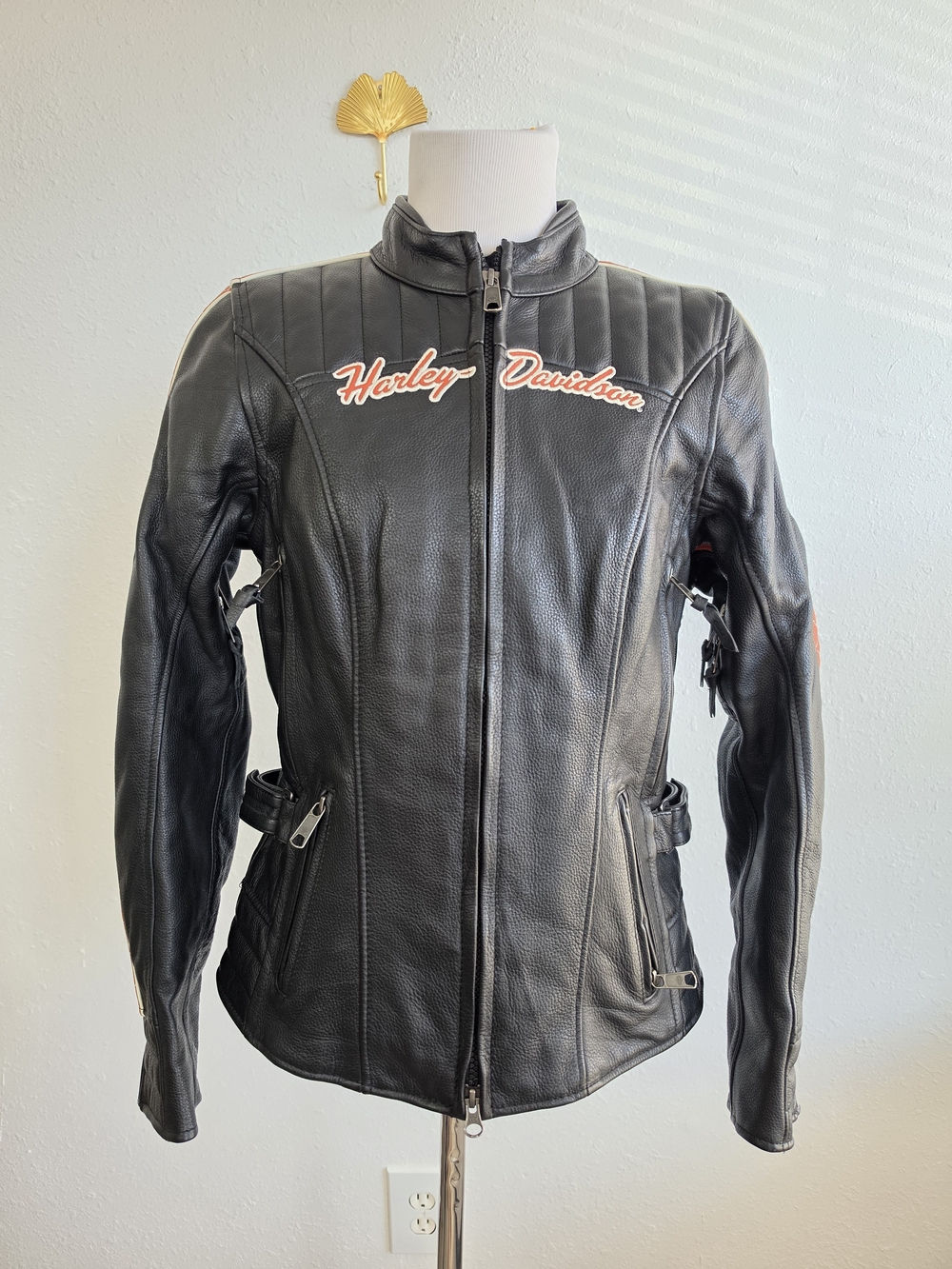 Harley-Davidson Women's Leather Racing Moto Jacket Black Orange Small